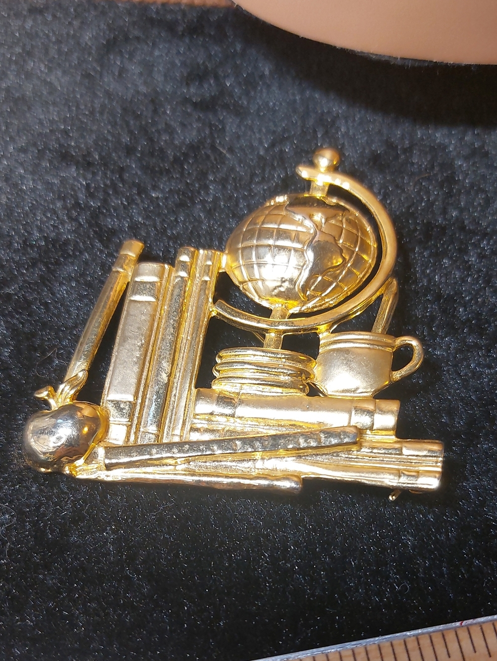 Vintage Goldtone Globe Book Teacher Apple Coffee Large Brooch